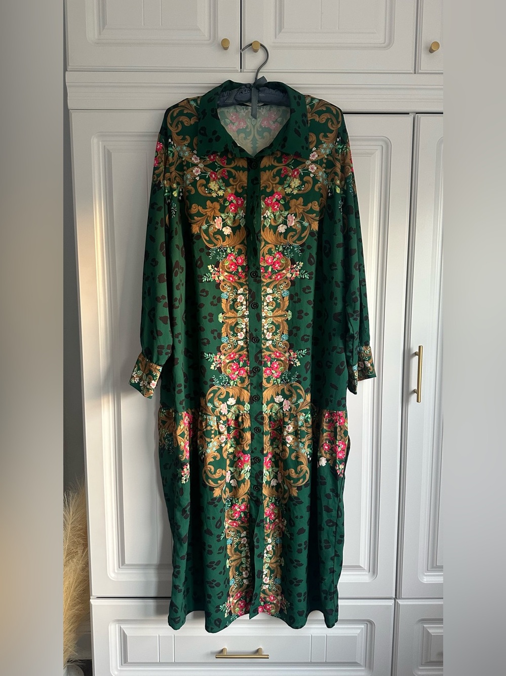 eShakti Wayward Fancies Green Leopard Floral Patchwork Midi Shirtdress Plus 3X 2
